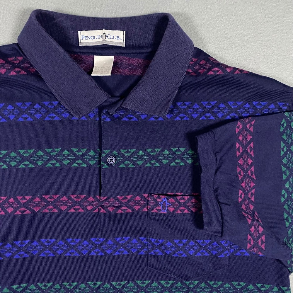 Vintage Penguin Club Mens Large Purple Geometric Tribal Stripe Polo Shirt USA